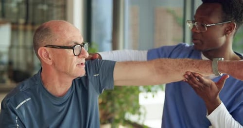 Old man, stretching and physical therapy for fitness, nursing home and healthcare with arm exercise