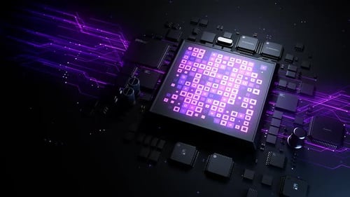 A chip on a surface with the effect of a computing process in close-up. Dynamic animation