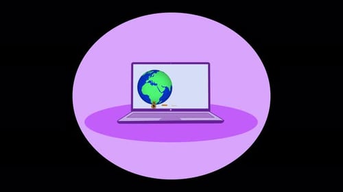 Business Graph Bar Planet Earth Purple Laptop Screen Animation Black Background
