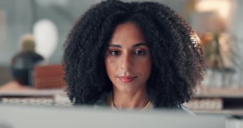 Reading, office and business woman on computer for online article, research and website review