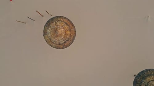 Straw Parasols Sandy Beach Top View Drone Beige Empty Desert Surface at Ocean