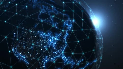 Digital Earth glows with a network of connections, highlighting global communication, data exchange.