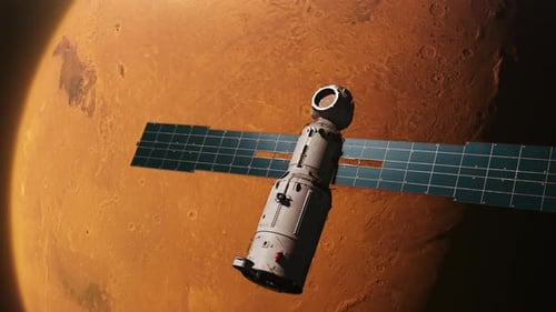 Futuristic Spacecraft Orbiting Mars With Solar Panels