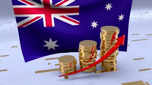 Australia Flag With Gold Coins Tower And Up Arrow
