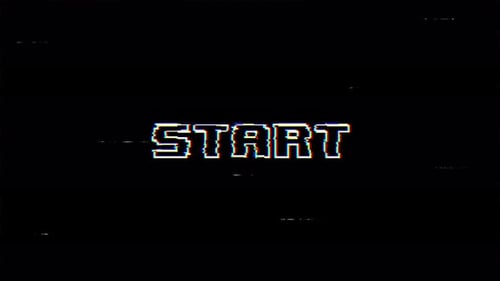 animated start text with glitch effect on black background