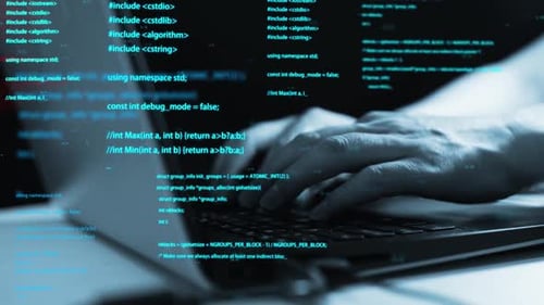 Hands Typing on Laptop with Code Overlay