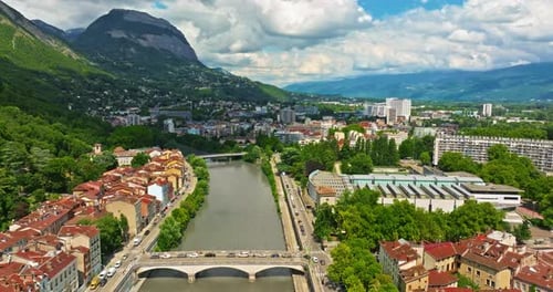 Aerial View of Grenoble Panoramic View Featuring the Isere River Urban Landscape Mountains in the