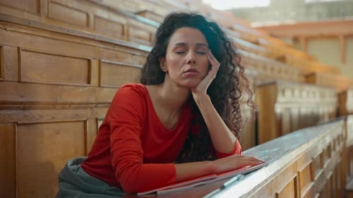 Sad Boring Tired Exhausted Caucasian Girl Student Hispanic Woman Latina Lady American Female Sitting