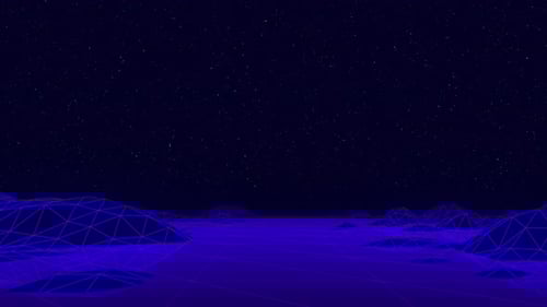 Retro Wireframe Landscape Flying Through Starry Space