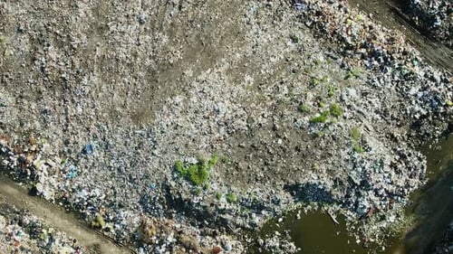 Aerial top view flying over huge landfill pile of dump and trash within mangroves trees and pond in