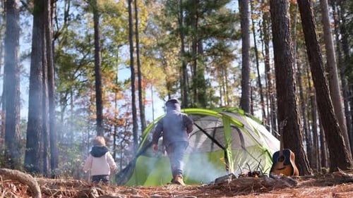 Children Camping with Tent and Guitar in Woods