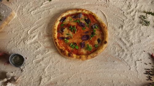 Delicious Pizza in Restaurant Pizzeria. Close Up Homemade Italian Food on Kitchen