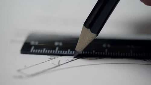 Close View Pencil Moves Along Black Ruler to Drawer Fingers