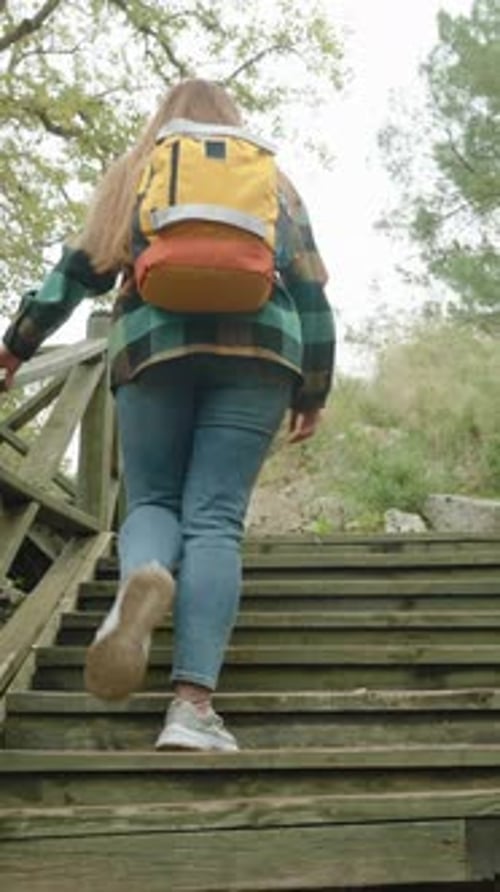 Woman Hiking Up Wooden Stairs in Nature