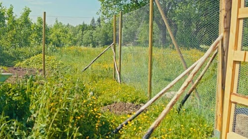 A Man Unloads Soil Mixed With Rocks From a Wheelbarrow Beside a Wire Fence in a Grassy Field -