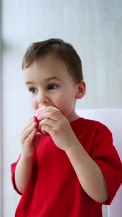 Adorable Child Eating Peach Indoors