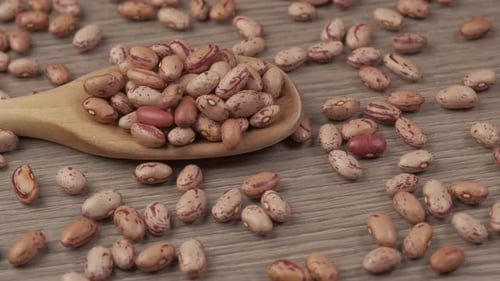 Trockene rote Bohnen auf Holzlöffel, vegane vegetarische Proteinquelle rotierend, mediterrane gesunde Ernährung
