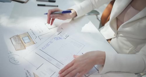 A Young Woman Architect Makes Notes on Invoice at Her Desk at Her Work Office