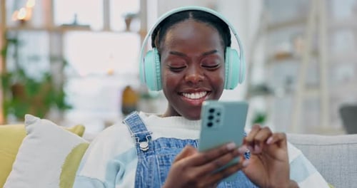 Phone, music and black woman listening, relax and streaming sound track