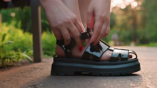 Assistance à la préparation du modèle Le styliste ajuste les bretelles des sandales avec soin Un styliste soigneux aide à porter le pied