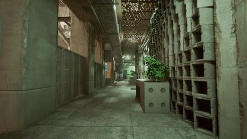 Derelict Warehouse Corridor with Worn Surfaces and Ambient Shadows