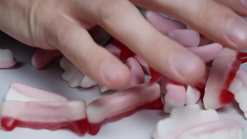 Close-up of a hand picking up gummy candies in the shape of vampire teeth from the table.