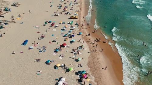 Aerial View of the Beach with Colorful Umbrellas and Sunbathers Enjoying Their Time