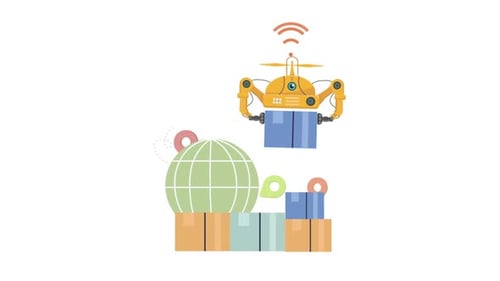 Animated Drone Delivering Package Globally in Flat Design