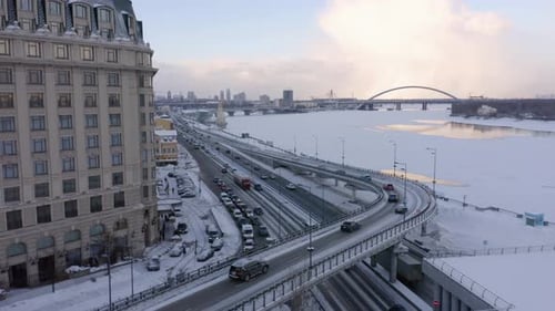Modern City Interchange Junction Aerial Drone View of Busy Cars Traffic on the Road