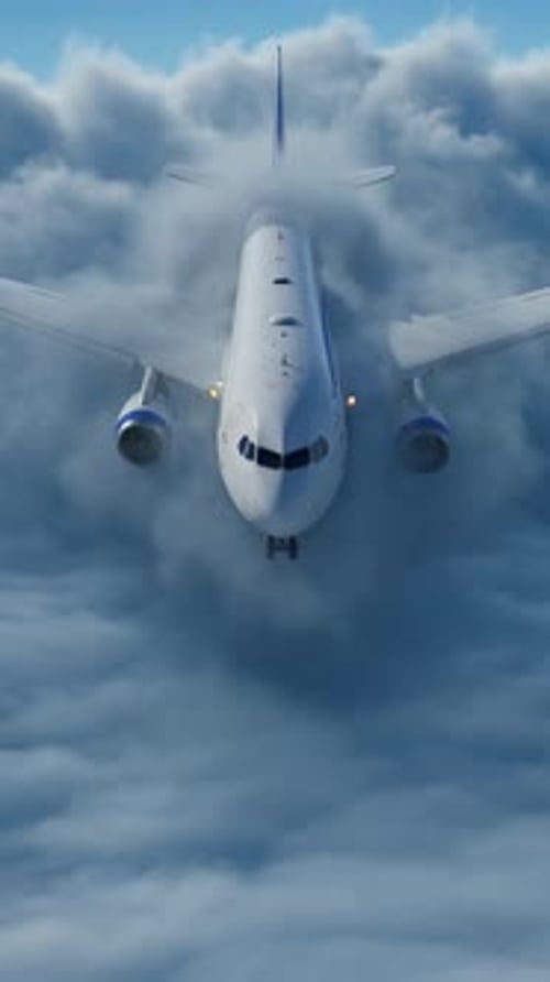 Commercial Jet Emerging from Clouds in Vertical Format