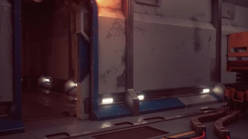 El interior de una estación espacial con paredes de metal y luz tenue