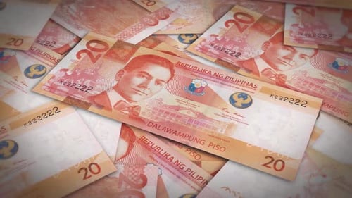 Pile of philippines peso cash money, inflation concept. Closeup new philippines twenty peso bills 4k