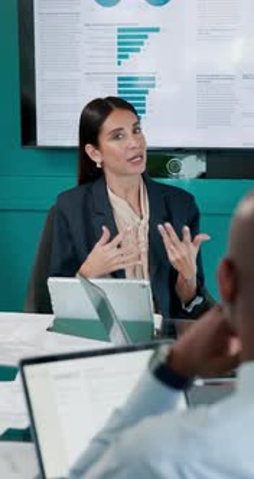 Advice, finance and infographic with manager woman in office boardroom for stock market trading