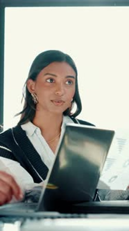Woman, listen and meeting with document in office for financial plan, budget and profit stats