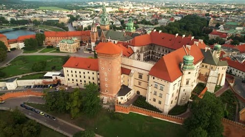Aerial backwards shot of Wawel Royal Castle in Krakow during sunny day,Poland