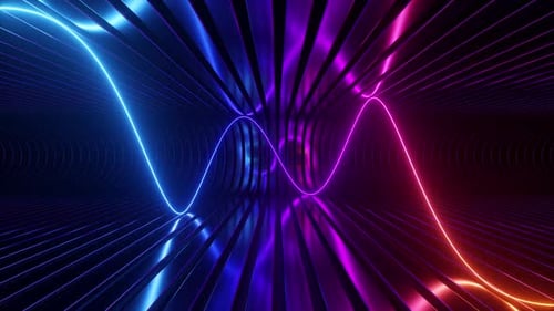 looping 3d animation. Wavy neon line moves endlessly inside the dark tunnel.