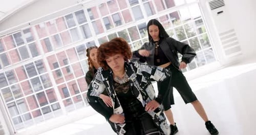 Dancing, hip hop and music with people in studio for choreography, rehearsal or training together