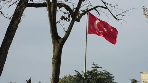 Turkish Flag Waving in the Wind on Cloudy Day