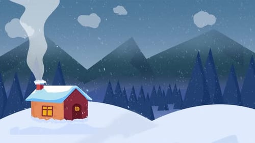 Cozy Winter House in Snowy Mountain Landscape Animation Loop