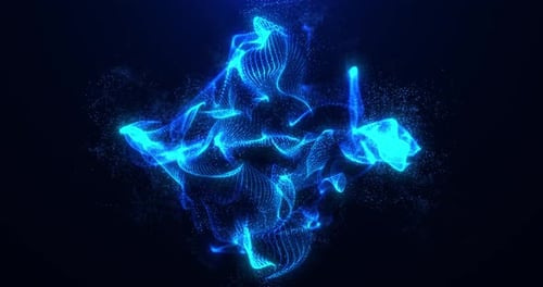 Motion of abstract digital shapes and waves, flying particles of dust and smoke