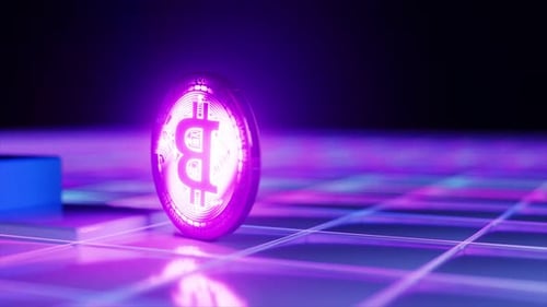Glowing Neon Cryptocurrency Coin Spinning on Digital Grid Loop