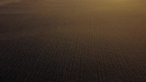 Landschaft von gepflügtem Land auf einem landwirtschaftlichen Feld an einem sonnigen Herbsttag