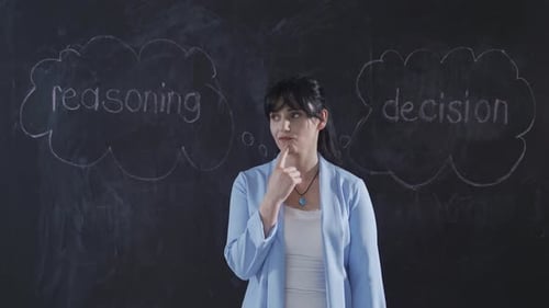 Woman Considering Reasoning Versus Decision on Blackboard