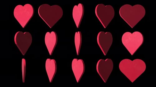 Red 3d Hearts Rotating Loop on Black Background Transparent