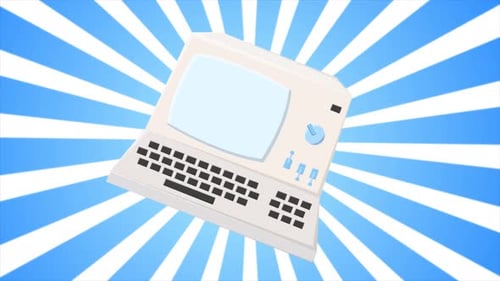 Retro computer, pc old vintage hipster for geeks from the 70s, 80s, 90s on the background of blue