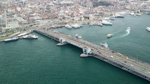 The Galata Bridge and the Eminonu terminal zoom-out shot