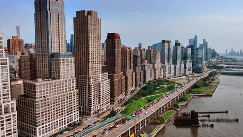 New York city buildifing on aerial view. Flying backwards above nyc city.