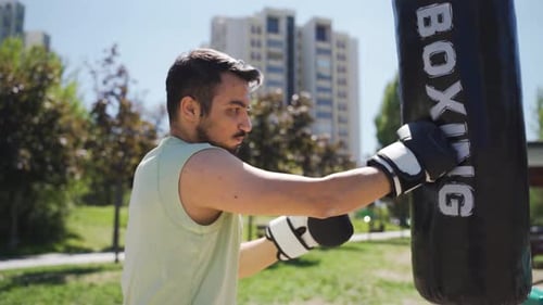 Man Boxing Punching Bag in Urban Park on Sunny Day