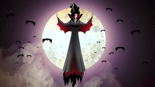 Stylized Vampire Character with Flying Bats and Full Moon
