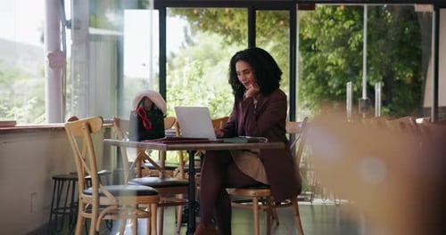 Remote work, thinking or woman in cafe with laptop, insight and ideas for news story